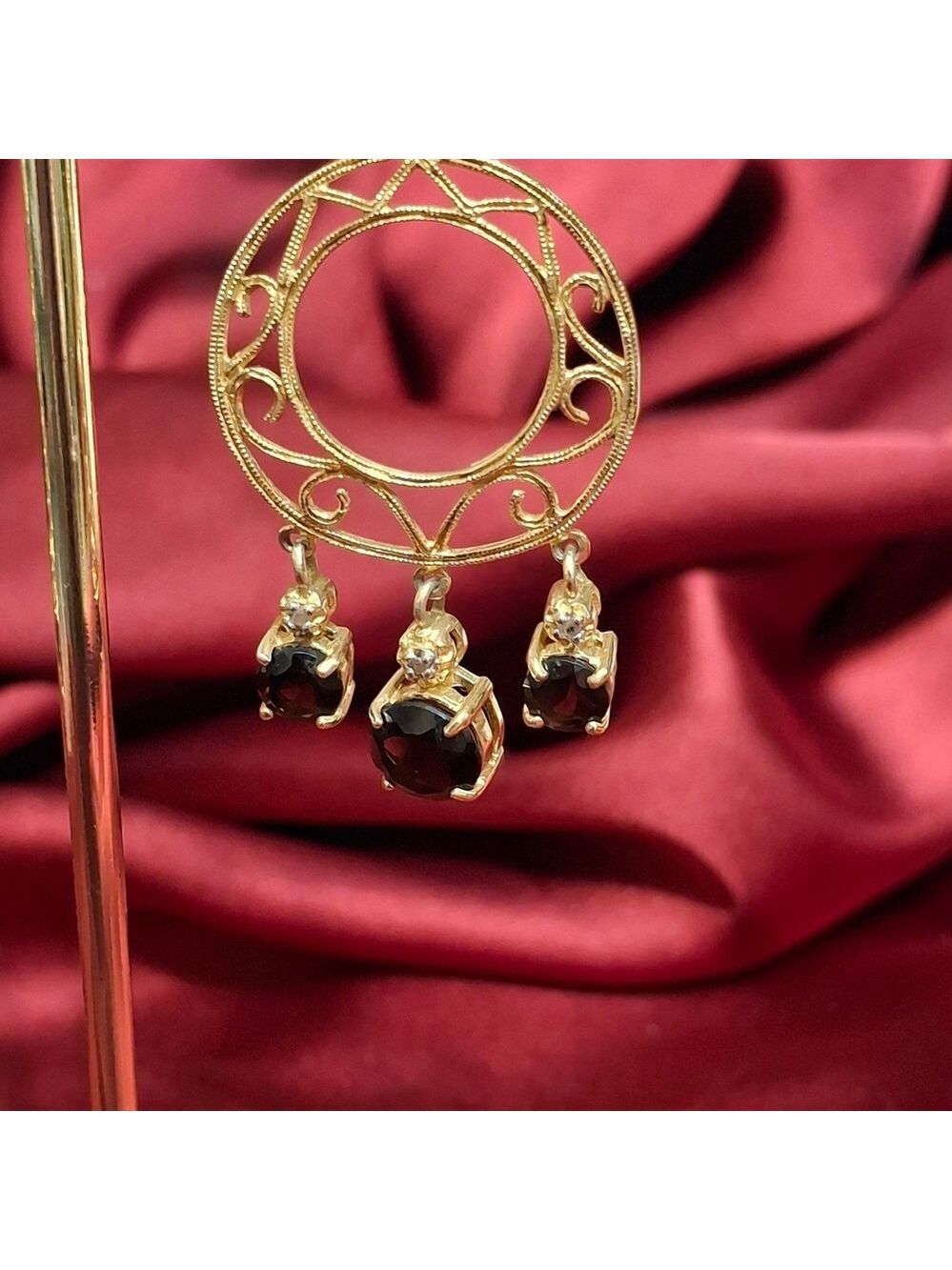 Gold Over Sterling Silver 925 and Black Amethyst and Diamond Dangle Earrings - Picture 2 of 9